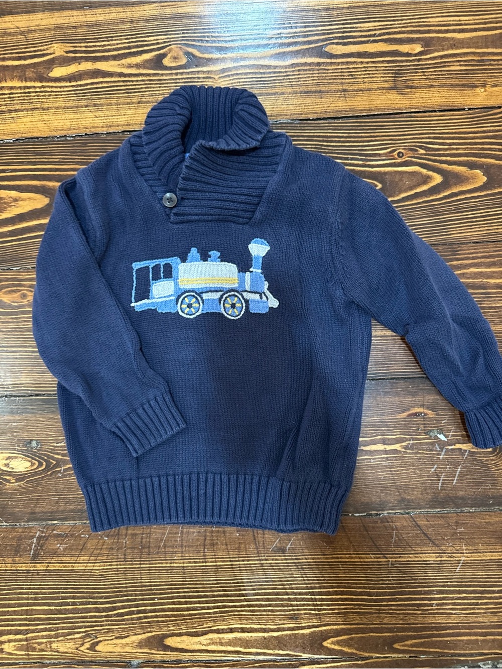 Janie and Jack Navy Boys' Shawl Collar Sweater with Train Motif